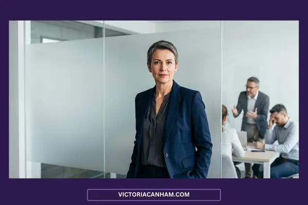Victoria Canham Consultancy | A medium shot of a poised, professional woman with short grey hair, wearing a navy blue blazer and dark grey blouse, looking directly at the camera with a calm, serious expression. She stands behind a frosted glass partition in a modern office. In the background, blurred through the glass, a business meeting is taking place where a male colleague gestures actively while another man sits at the table with his hand on his head, suggesting a moment of workplace tension or misalignment.