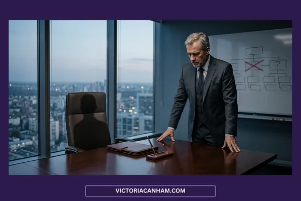 Victoria Canham Consultancy | A full shot of a modern high-rise executive office at dusk. A worried senior male executive in a grey suit stands at a large wooden desk, looking down. Across from him is an empty leather chair containing a distinct shadow profile. In the background, a whiteboard displays an organizational chart flow diagram with an ‘X’ and a question mark drawn over specific roles.