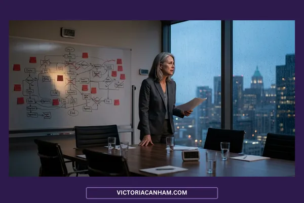 Victoria Canham Consultancy | A wide-angle landscape photograph taken from a high-rise conference room at dusk, showing a senior female executive in a grey suit standing at a long wooden table. She is holding papers and looking towards a large window that is streaked with rain. Outside, a vast city skyline is illuminated with evening lights, with the Empire State Building prominent. In the background, to the left, a large whiteboard is covered in complex, hand-drawn flowcharts with sticky notes. The room is quiet and contemplative, with multiple empty leather chairs surrounding the table.