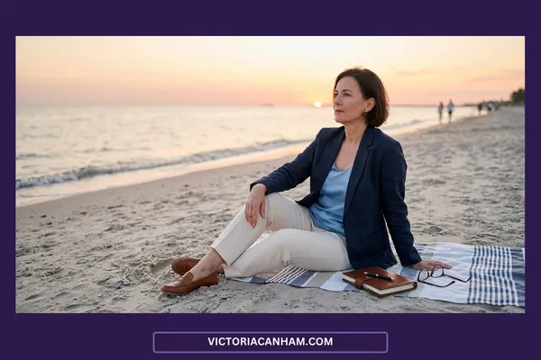 Victoria Canham Consultancy |  senior professional woman sits on a quiet beach towel at sunset, looking introspectively out towards the calm ocean. Next to her on the blanket rest a leather-bound journal, a pen, and a pair of reading glasses, capturing a quiet moment of reflection during a summer holiday break.