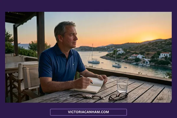 Victoria Canham Consultancy |  A photograph of a mature male executive in his fifties sitting at a wooden outdoor table on a terrace overlooking a coastal bay at sunset. He is wearing a dark blue polo shirt, holding a pen over an open notebook with blank white pages, and looking thoughtfully out toward the sea. On the wooden table in front of him rest a glass of water, his wristwatch, and a pair of reading glasses. In the background, sailboats float on calm water framed by rolling hills and small coastal buildings under a warm evening sky.