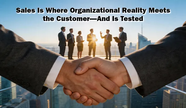 A close-up handshake between a business professional and a customer with a leadership team standing in the background, illustrating how every sales conversation reflects the trust, culture, leadership, and customer experience of the entire organization.