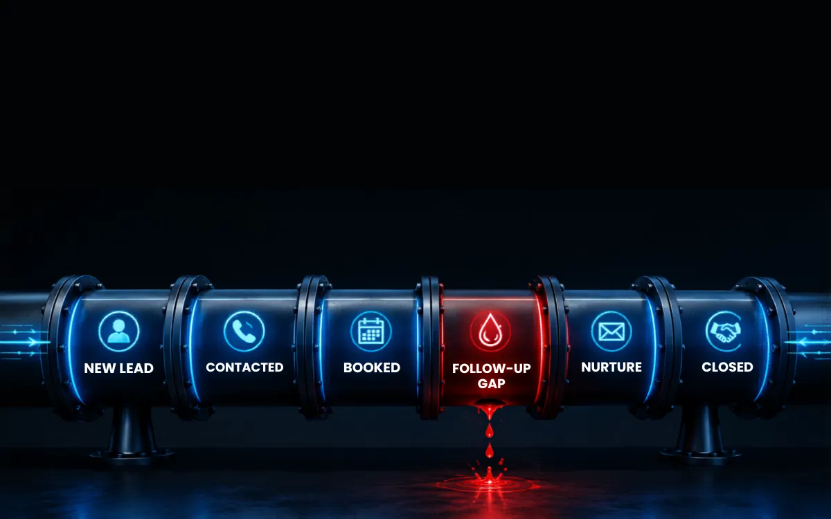 Stylized vector infographic visualizing a leaking sales pipeline
