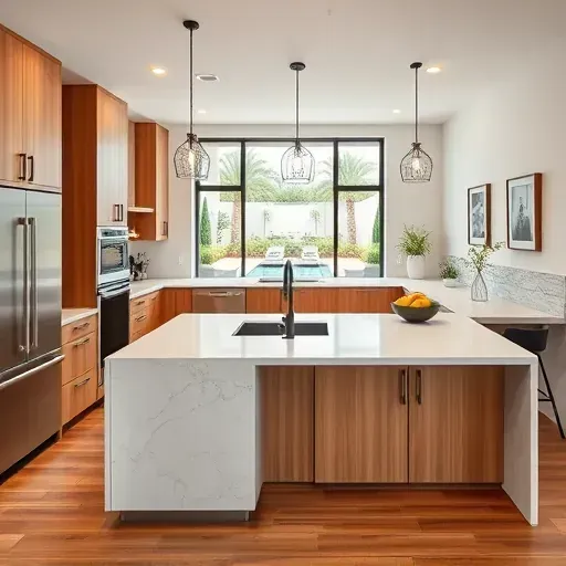 Modern Highland Beach kitchen with quartz countertops, wood cabinets, stainless appliances, and outdoor views.