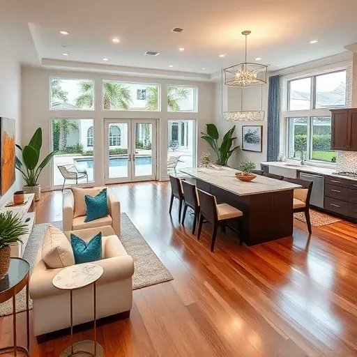 Luxurious whole-home remodeling in Delray Beach with a modern living area, kitchen, and tropical accents.