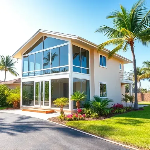 New Jupiter, Florida home addition with modern sunroom, large glass windows, tropical landscaping, and coastal-style architecture.