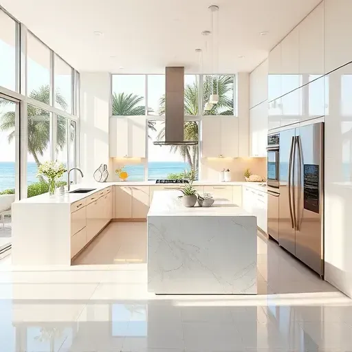 Modern Palm Beach Shores kitchen with marble island, stainless steel appliances, and coastal decor, bathed in natural light.