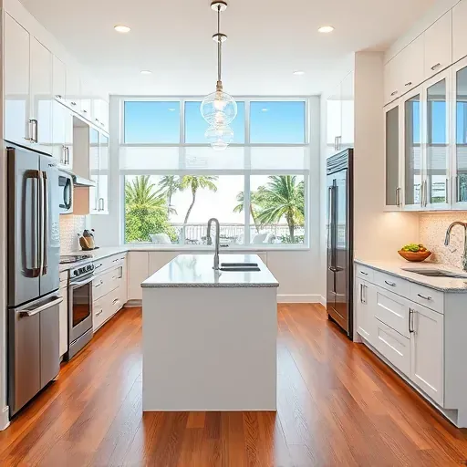 Renovated Jupiter, FL kitchen with white cabinetry, granite island, stainless steel appliances, and hardwood flooring.