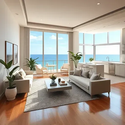 Modern living room in Singer Island, FL, features ocean views, elegant furnishings, and a serene, inviting atmosphere.