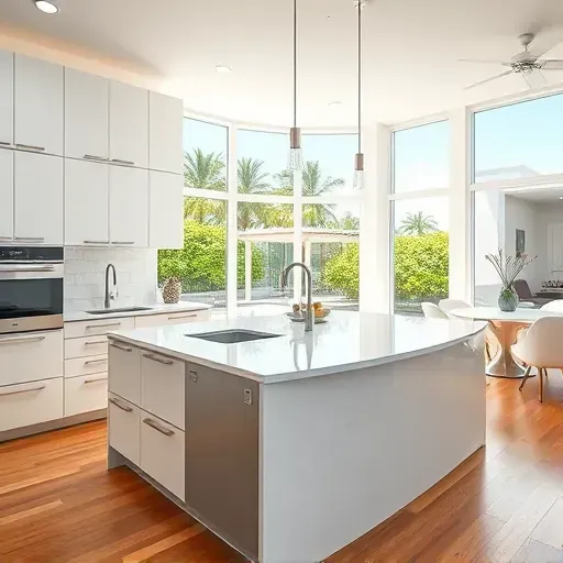 Modern kitchen in Jupiter, FL, with sleek cabinetry, quartz island, stainless appliances, and natural light showcasing lush views.
