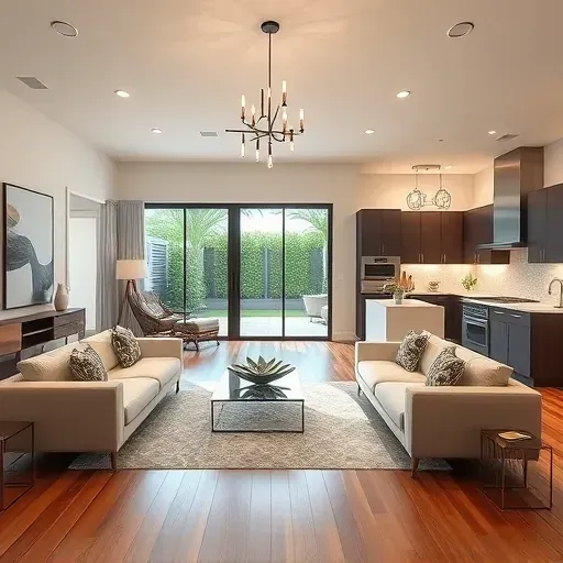 Modern living room in Greenacres, FL, features open floor plan, hardwood floors, stylish furniture, and lush backyard view.
