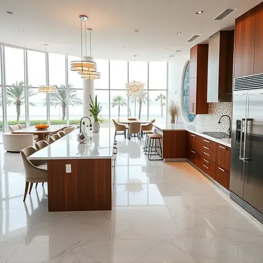 Modern North Palm Beach kitchen with quartz countertops, stainless steel appliances, custom wood cabinetry, and coastal decor.