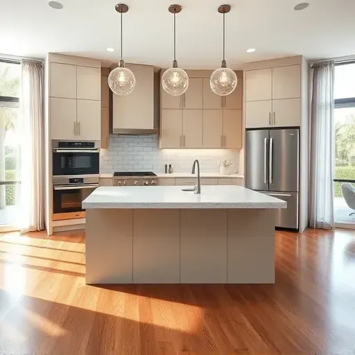 Recently remodeled modern kitchen in Manalapan, FL with sleek cabinetry, marble island, stainless appliances, and bright, airy design.