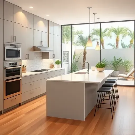 Beautiful renovated Palm Springs kitchen with modern cabinetry, quartz island, stainless appliances, and indoor herb garden.