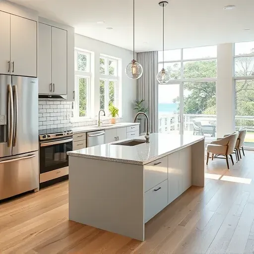 Modern remodeled Ocean Ridge, FL kitchen with sleek cabinets, stainless steel appliances, spacious island, and coastal decor.