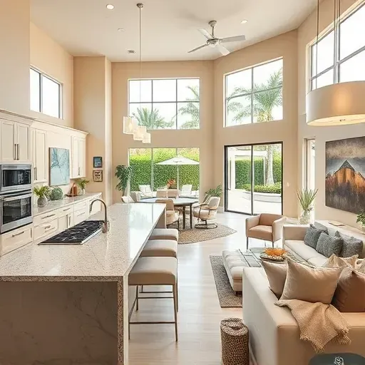 Open-concept living area in Riviera Beach, FL, with elegant kitchen, cozy living room, and serene outdoor space.