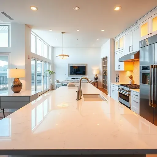 Modern Jupiter, FL kitchen with sleek lighting, quartz countertop, stainless appliances, and coastal decor.