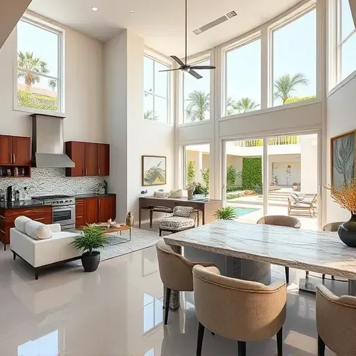 Elegant whole-home remodeling in Jupiter, FL, featuring a spacious living area, modern furnishings, and lush greenery.