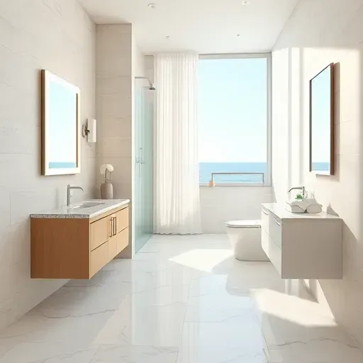 Beautiful renovated Jupiter, FL bathroom with marble floors, modern fixtures, glass shower, coastal decor, and ocean view.