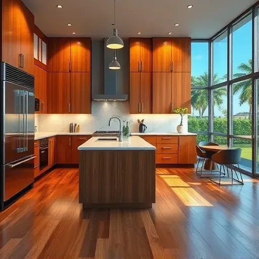 Modern kitchen remodel in Jupiter, FL, featuring warm wood cabinetry, stainless steel appliances, and a granite island.