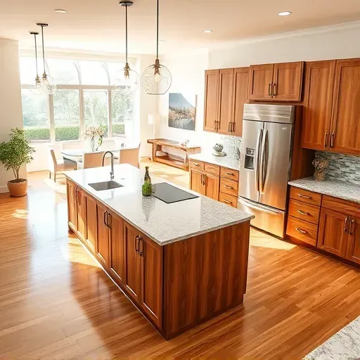 Remodeled Wellington, FL kitchen with granite counters, stainless appliances, custom wood cabinetry, island, and natural light.