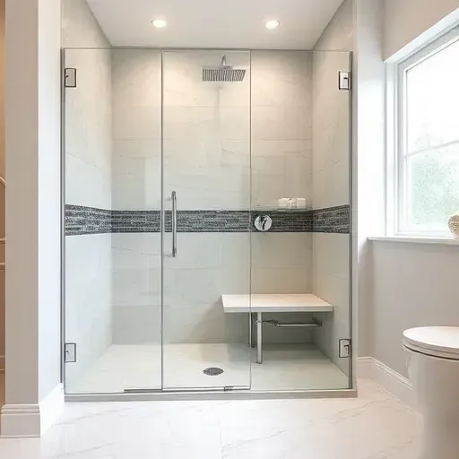 Spacious glass-enclosed walk-in shower with modern fixtures, marble floor, and natural light in a luxury Jupiter, FL bathroom.