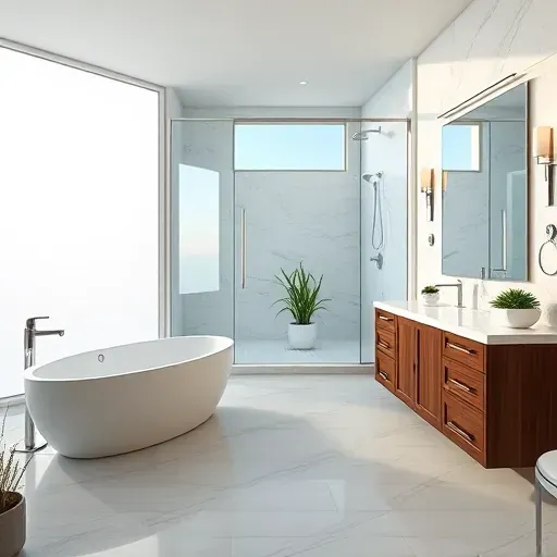Luxurious Jupiter master bathroom with freestanding tub, frameless glass shower, dark wood vanity, and coastal-view window.