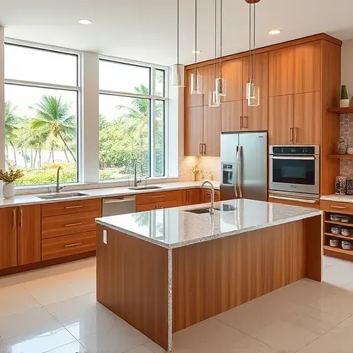Completed modern kitchen in Hobe Sound, FL with wood cabinets, stainless steel appliances, granite island, and natural lighting.
