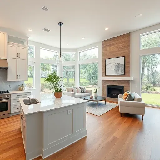 Luxurious whole-home remodel in Frenchmans Creek, FL, featuring modern kitchen, open living area, and serene outdoor view.