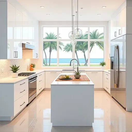 Renovated North Palm Beach kitchen with modern white cabinetry, quartz countertops, wood island, and coastal views.