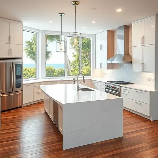 Modern Jupiter Island kitchen with quartz countertops, large island, stainless appliances, coastal views, and elegant lighting.