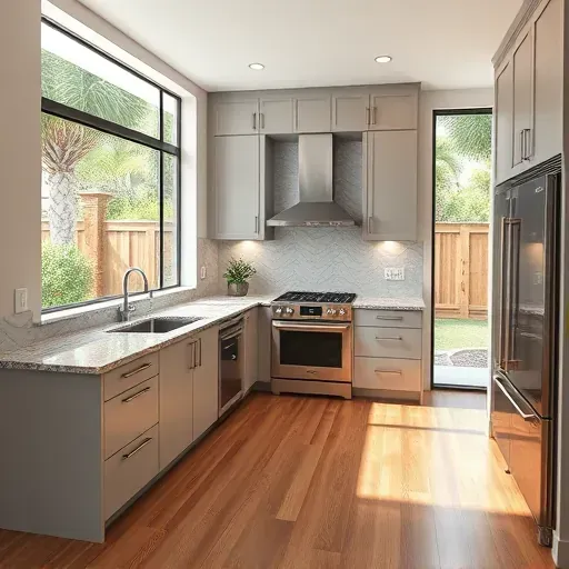 Modern kitchen remodel in Loxahatchee, FL, featuring granite countertops, matte cabinetry, hardwood floors, and elegant windows.