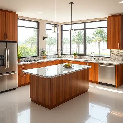 Remodeled Lake Worth Beach, FL kitchen with modern wood cabinets, stainless appliances, granite island, lush greenery.