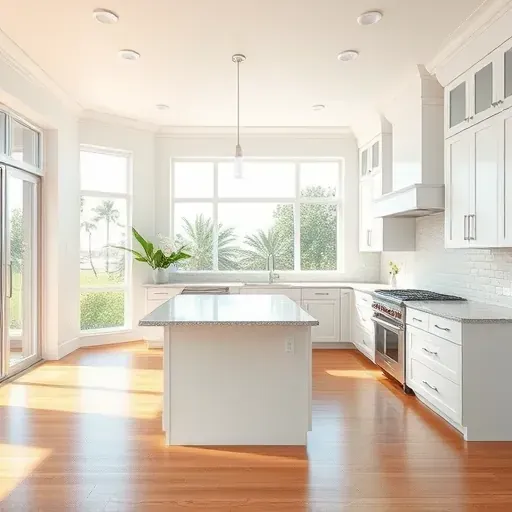 Beautiful freshly painted modern kitchen in Jupiter, FL with white cabinets, granite island, subway backsplash, and hardwood floors.