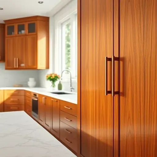 Refinished Jupiter, FL cabinets with glossy wood grain, modern hardware, marble countertops, and natural kitchen lighting.