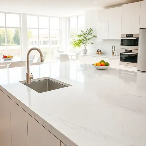 Bright, modern Jupiter kitchen with sleek quartz countertops, stainless steel fixtures, natural sunlight, and minimalist decor.