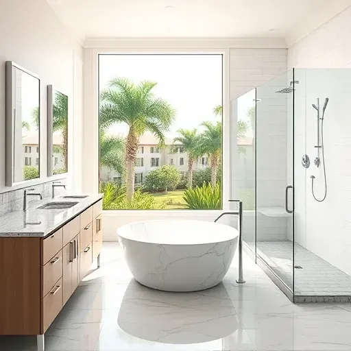 Luxurious renovated master bathroom in Jupiter, FL with marble tub, double vanities, glass shower, and tropical garden view.