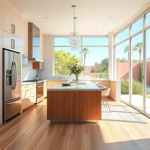 Remodeled Palm Springs kitchen with modern cabinetry, granite countertops, stainless steel appliances, and outdoor greenery.
