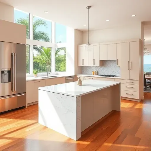 Remodeled kitchen in Jupiter, FL, with modern cabinetry, marble island, geometric tile, and natural light highlighting elegance.