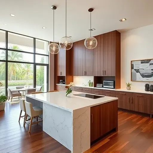 Stunning Boca Raton remodeling featuring a modern kitchen with walnut cabinetry, quartz island, and coastal decor.