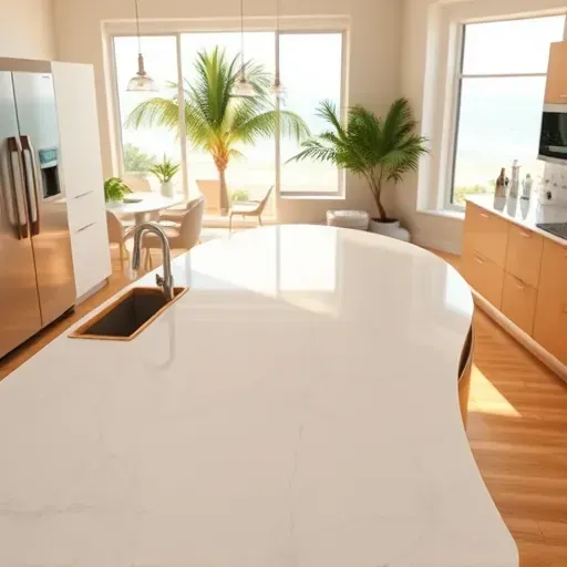 Modern Jupiter, Florida kitchen with sleek quartz countertops, tropical views, and bright, airy, minimalist design.