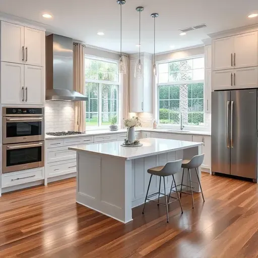 Beautiful modern kitchen in Frenchmans Reserve, FL with white cabinetry, quartz countertops, marble island, stainless steel appliances, and lush backyard view.
