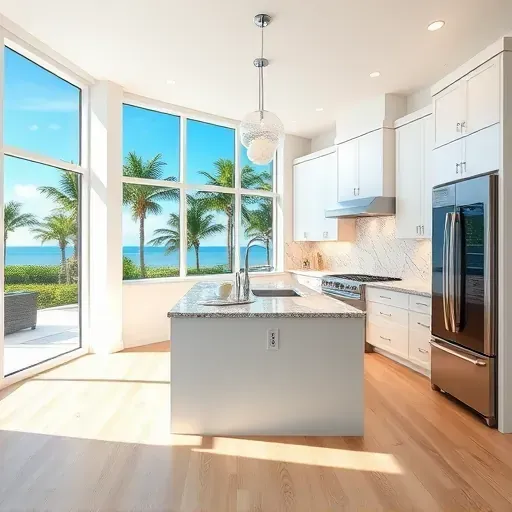 Delray Beach kitchen remodel with white cabinets, stainless steel appliances, quartz island, coastal decor, and tropical views.