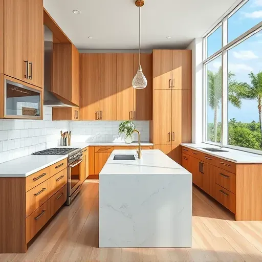 Renovated Jupiter, FL kitchen with modern cabinetry, marble countertops, and stainless steel appliances, bathed in sunlight.