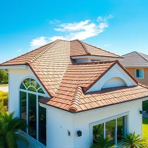 Freshly completed modern home roof in Jupiter, FL, featuring detailed, earthy-toned shingles and lush landscaped surroundings.