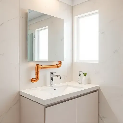 Seamless bathroom plumbing with copper and stainless steel pipes behind a modern vanity in a stylish Florida bathroom.