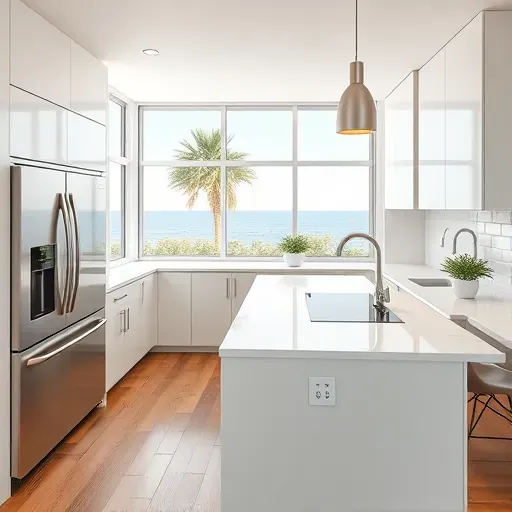 Remodeled Ocean Ridge kitchen with modern cabinetry, quartz countertops, stainless appliances, and ocean views through large windows.