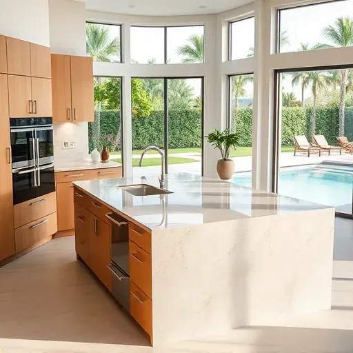 Newly installed modern kitchen island with quartz countertop, custom cabinetry, lush outdoor views, in Jupiter, Florida.