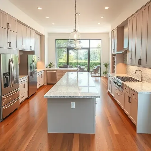 Remodeled Jupiter, FL kitchen with granite countertops, stainless steel appliances, hardwood floors, and scenic outdoor views.
