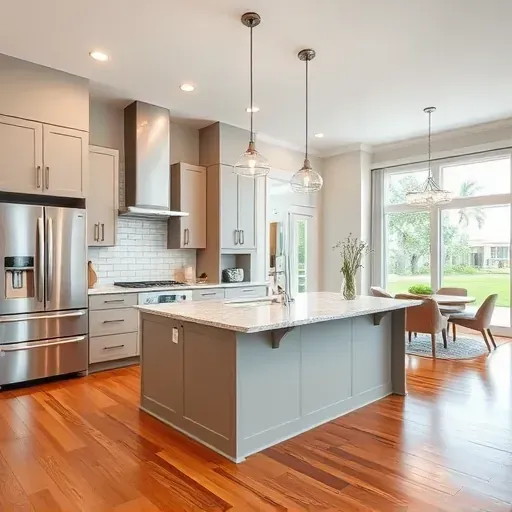 Modern Jupiter FL kitchen remodel featuring sleek cabinetry, granite island, pendant lighting, and warm hardwood floors.